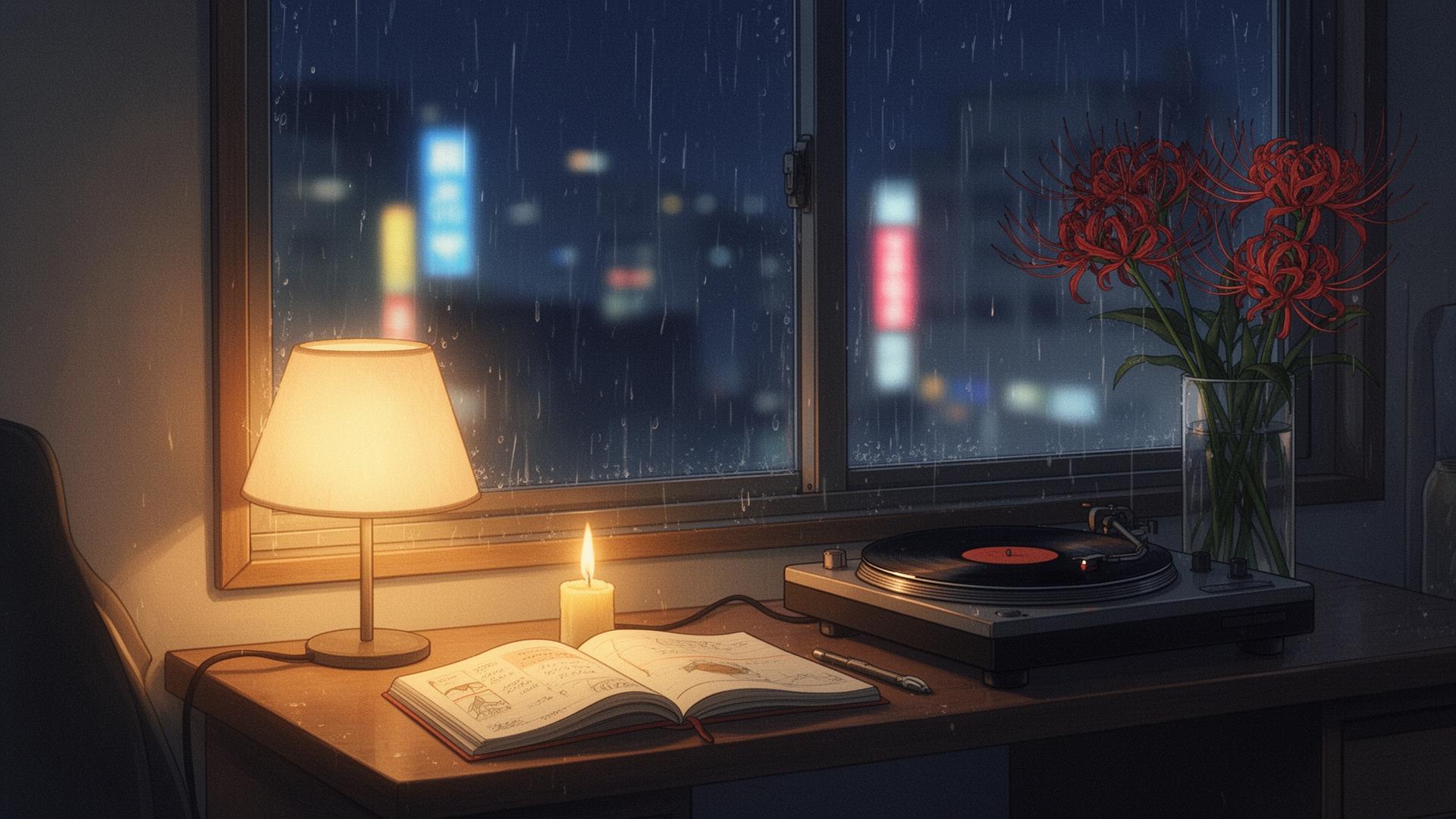 A dark apartment at night with city lights, vinyl player, candle, and spider lilies